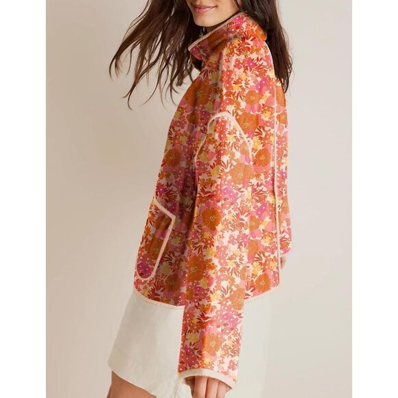 Women's Floral Quilted Jackets Cropped Button Down Padded Puffer Jacket Orange - Picture 3 of 5